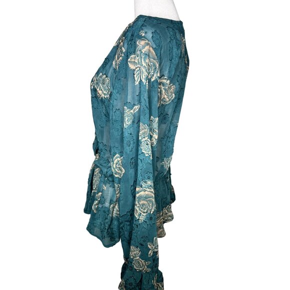 Venus Teal Floral Wrap Blouse Womens Long Sleeve V-Neck Size 12 - Picture 4 of 11